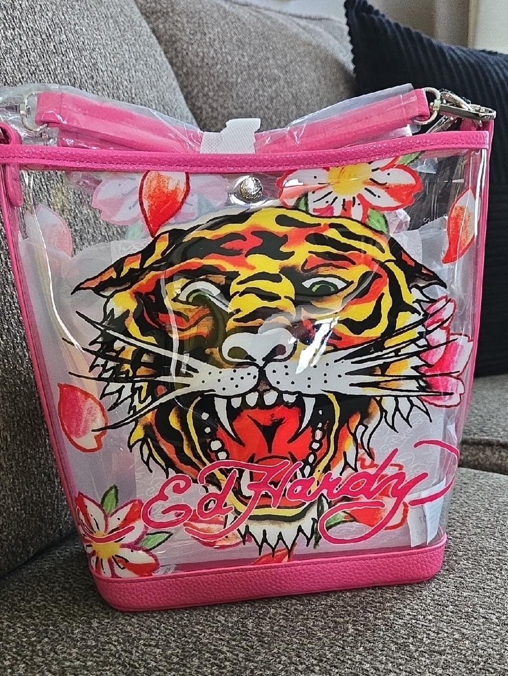 Ed Hardy Pink Clear Tote with Tiger Graphic